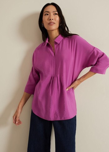 Phase Eight Cynthia Pleat Zip Front Shirts Pink USA | 4527916-VZ